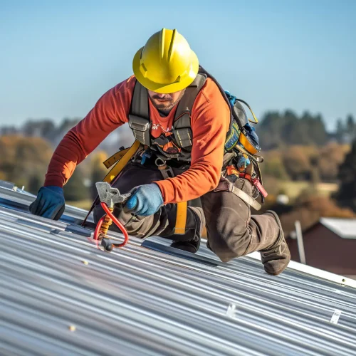 Construction worker install new roof. Roofing tools. Electric drill used on new roofs with metal sheet